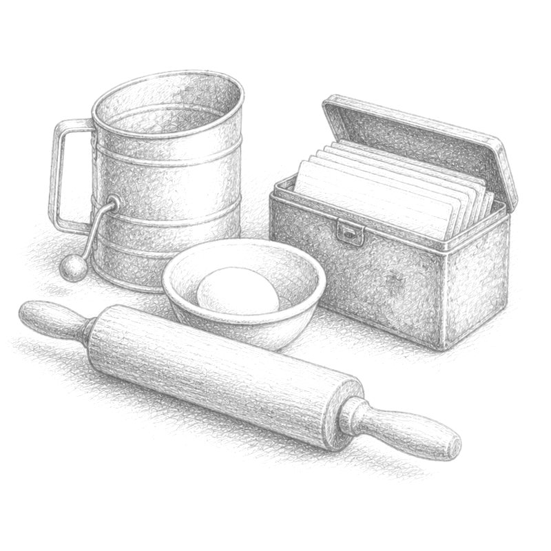 Pencil drawing of a flour sifter, a recipe tin, a bowl with an egg, and a rolling pin
